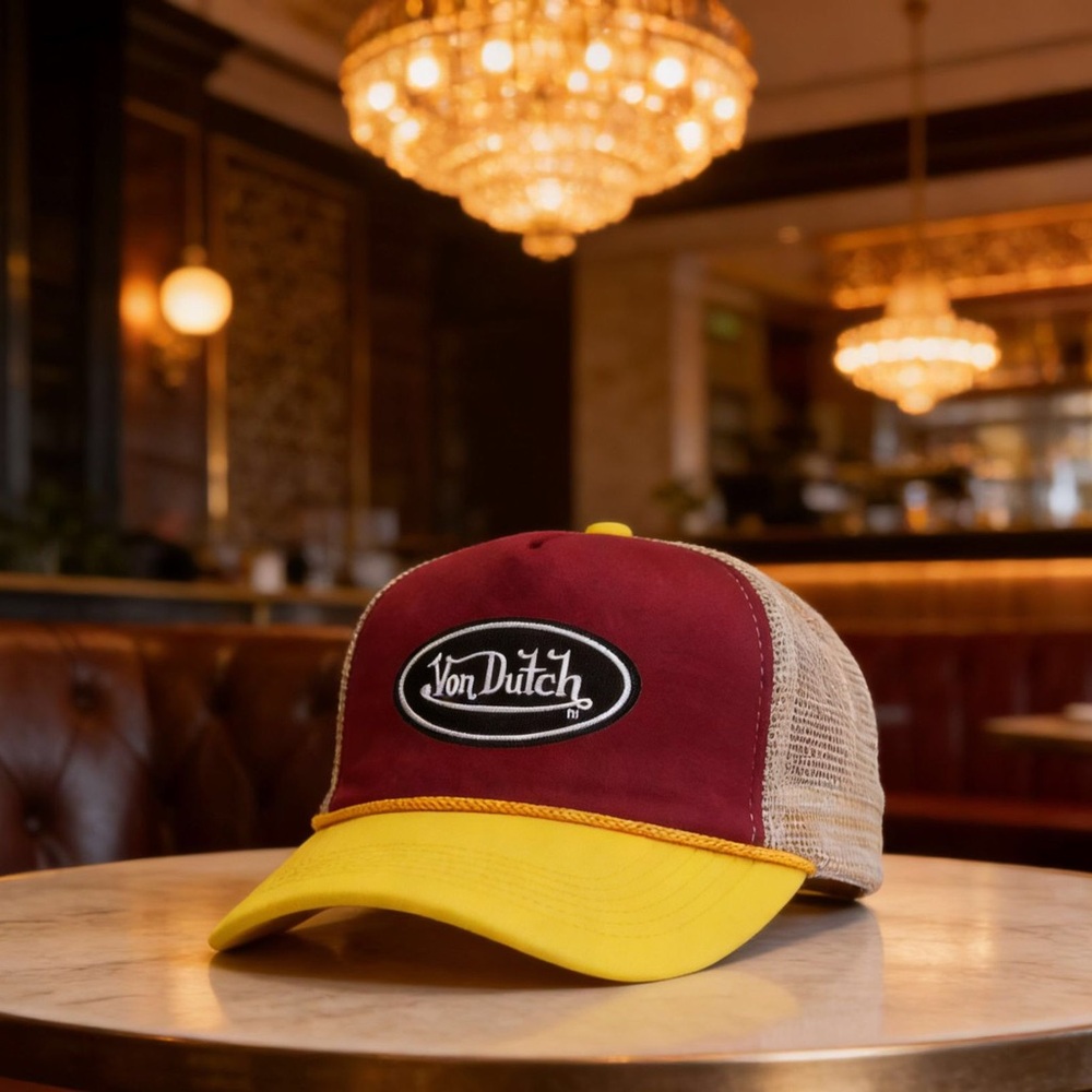 Von Dutch Maroon and Yellow Trucker Cap with Tan Mesh